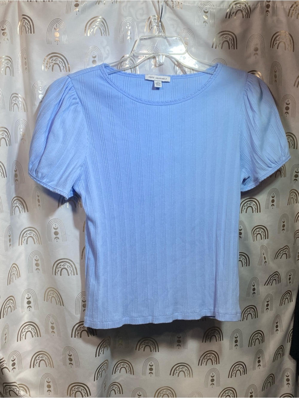Casual Puff-Sleeve Ribbed Tee - Light Blue